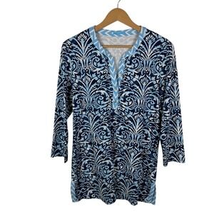 J McLaughlin Blue Damask Print Popover Tunic Top Large Catalina Cloth Stretch
